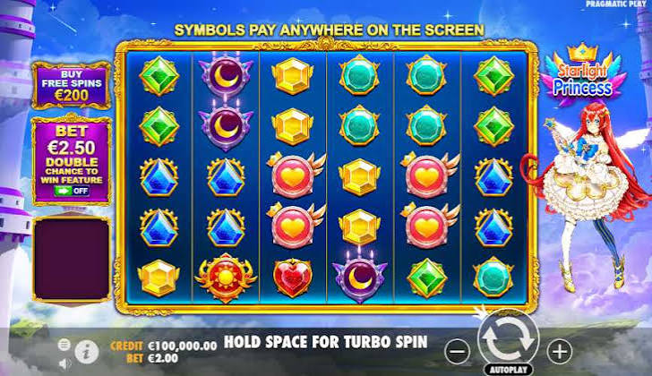 Paparan Starlight Princess dengan grid simbol fantasi